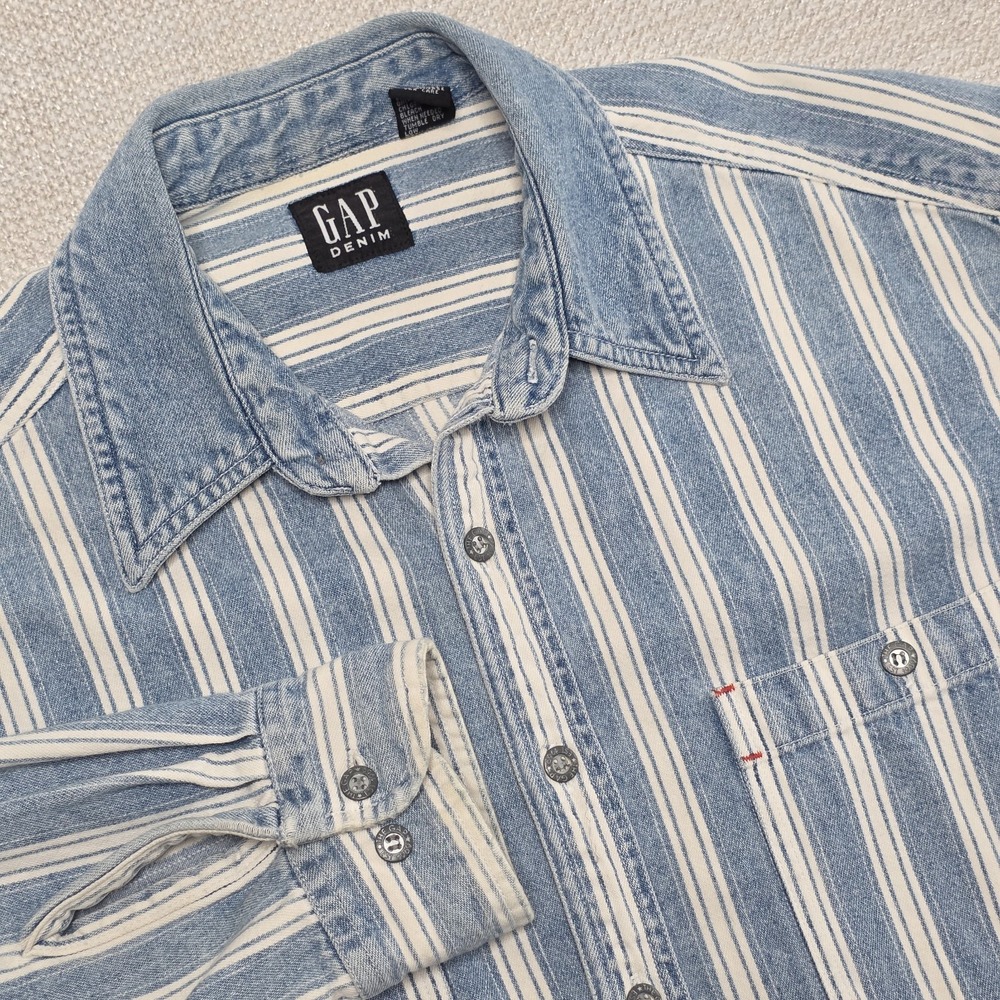 Vtg GAP Denim Button Shirt Mens L Blue Blue White Stripe Pocket Long Sleeve READ